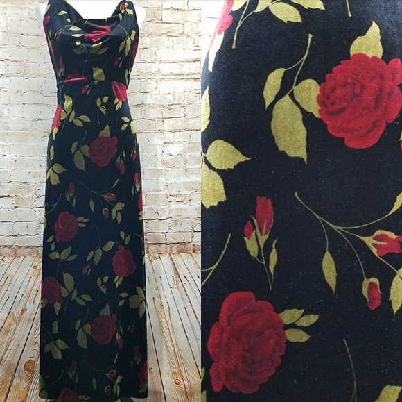 Vintage Dresses & Skirts - Vintage 90s Grunge Red Rose Velvet Maxi Gown Dress